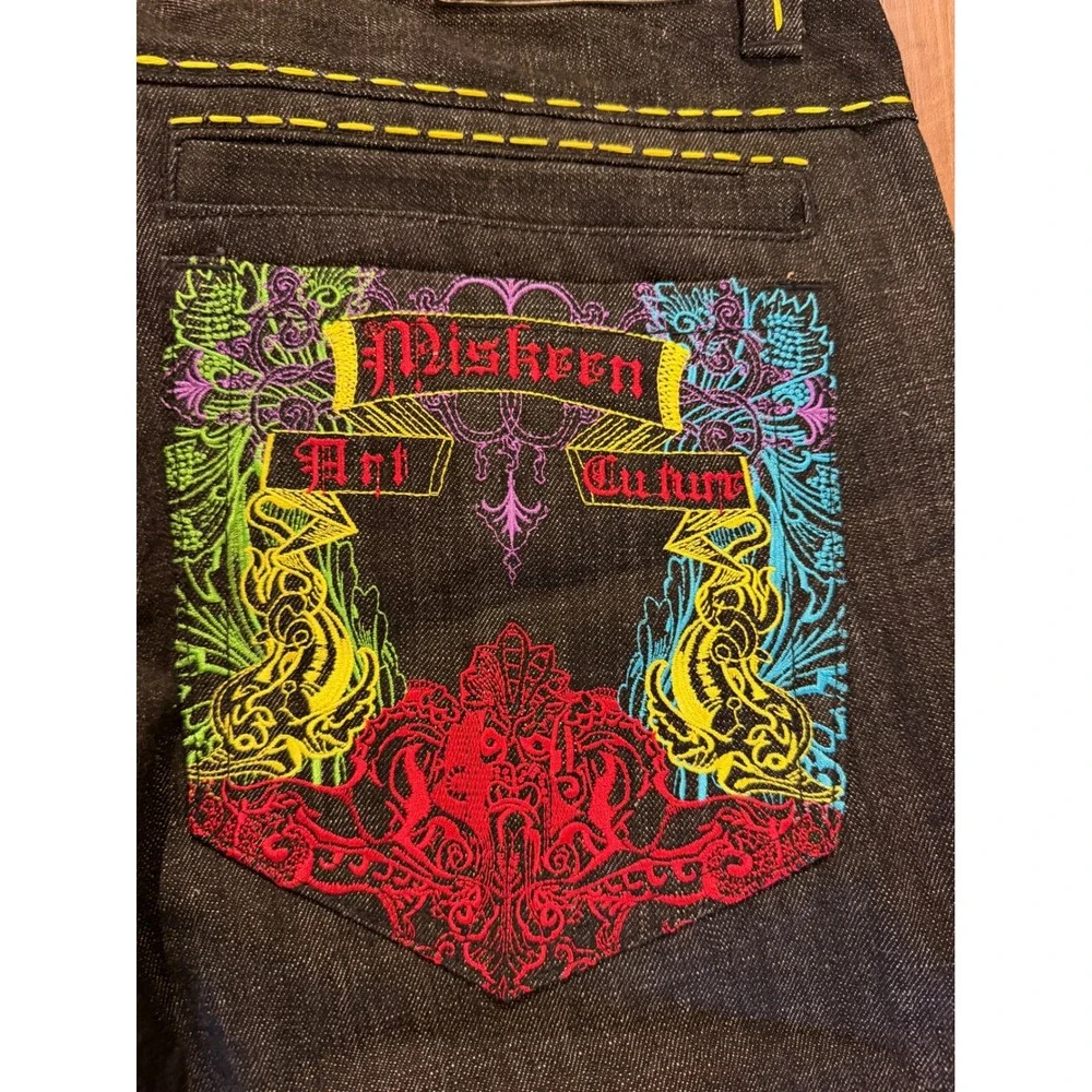 Miskeen Art Culture Jeans Mens 38 Black Denim Y2K Embroidered Streetwear Baggy